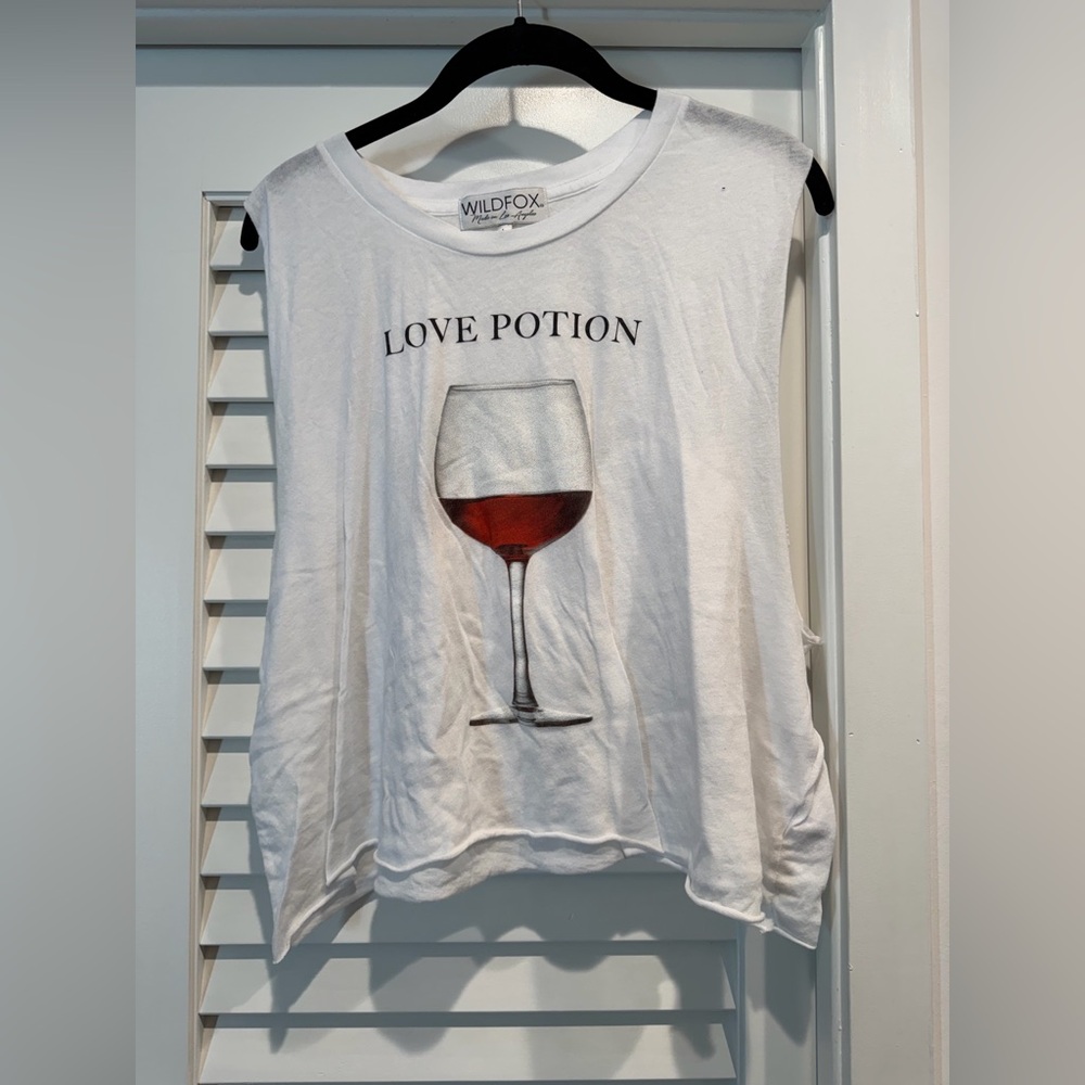 Wildfox White Muscle Tee with Wine Glass Print- Size Large- live Potion